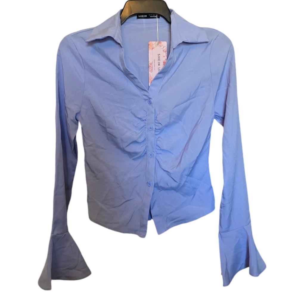 3/$15 Shein Blue Button Down Bell Sleeve Cropped Blouse Size XS